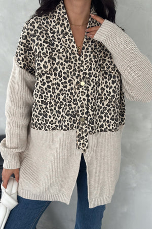 Kadın Haki Leopar Desen Standart Beden Triko Detaylı Tasarım Oversize Kot Ceket - Açık Haki