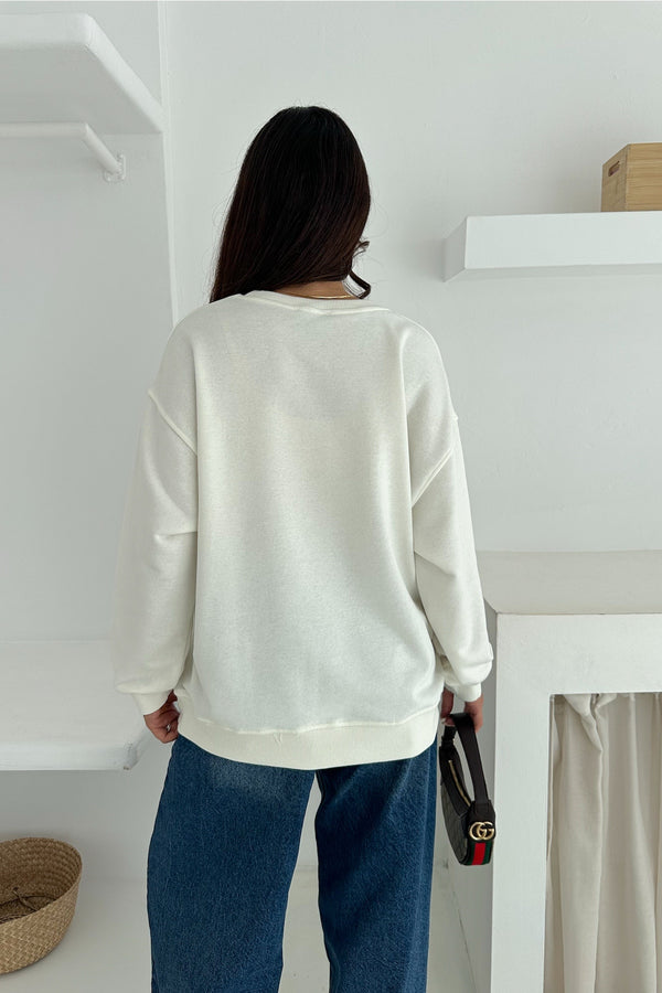 Kadın Boncuk İşlemeli %100 Pamuk Sweatshirt - Beyaz