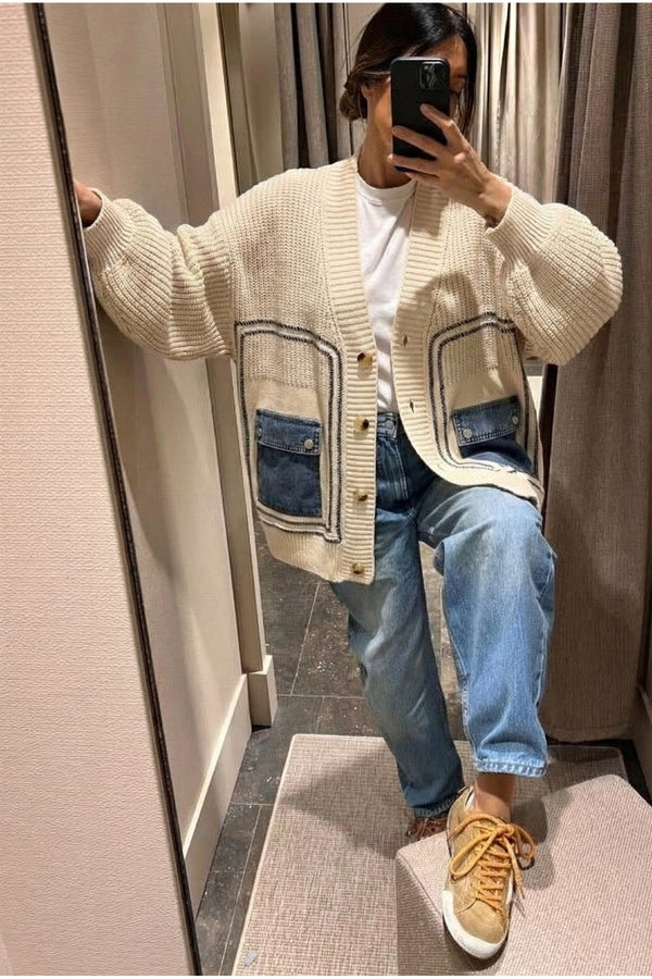 Kadın Standart Beden Düğmeli Kot Cepli Oversize Triko Hırka - Bej