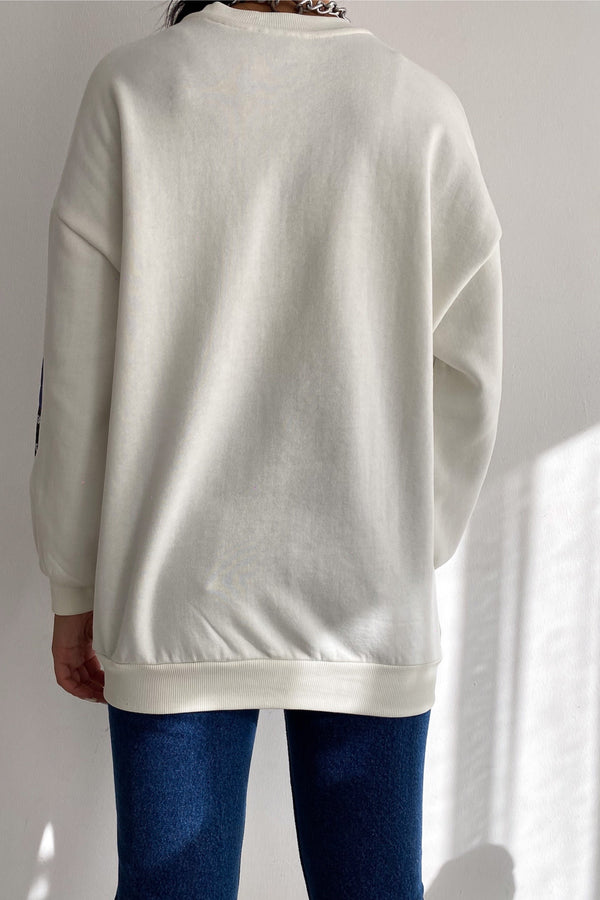 Kadın Kot Detaylı Taş İşlemeli Pamuklu Sweatshirt - Ekru