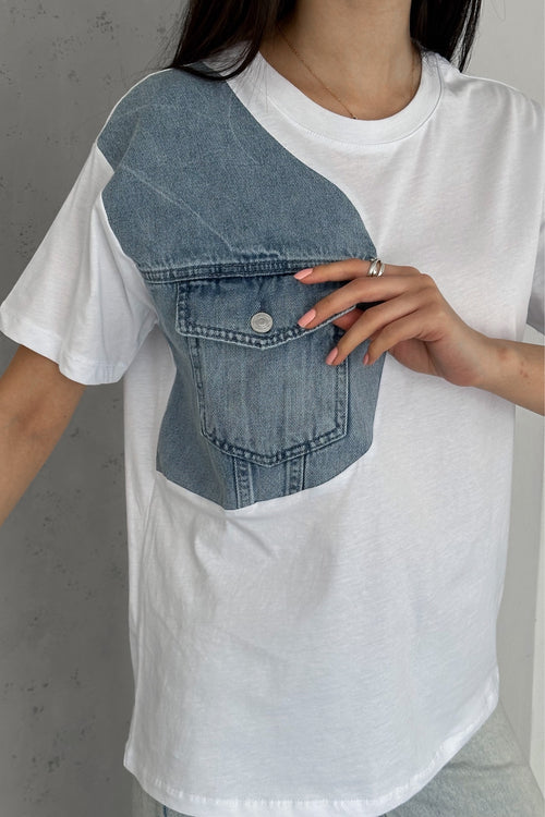 Kadın Denim Kot Detaylı Cepli Tasarım Pamuklu Tişört - Beyaz