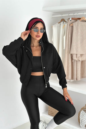 Kadın Fermuarlı Düğmeli Modal Kumaş Premium Crop Ceket - Siyah