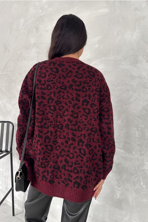 Kadın Standart Beden Leopar Desen Oversize Triko Hırka - Bordo