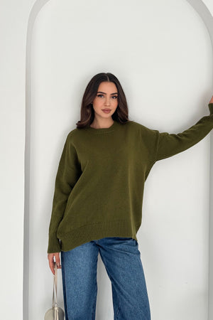 Kadın Standart Beden Oversize Basic Triko Kazak - Haki