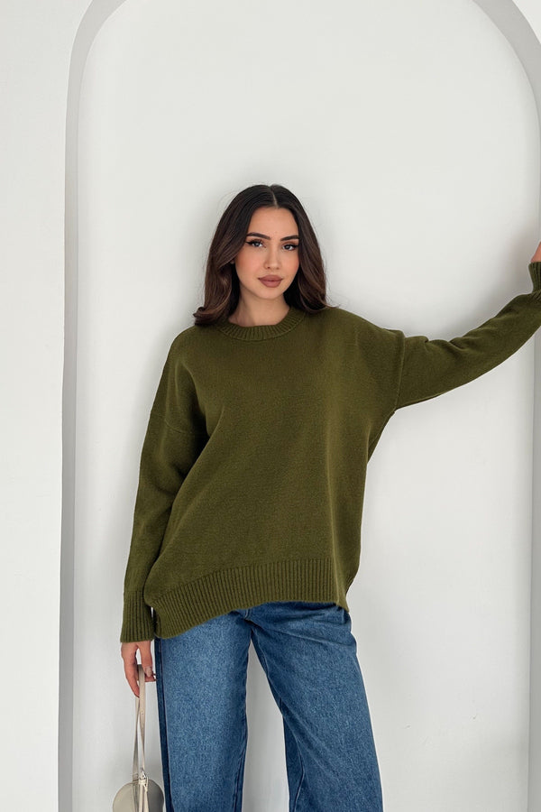 Kadın Standart Beden Oversize Basic Triko Kazak - Haki