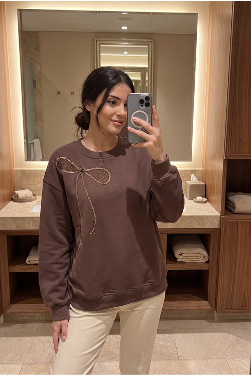 %100 Pamuk Boncuk İşlemeli Sweatshirt Kurdela Desenli - Kahverengi