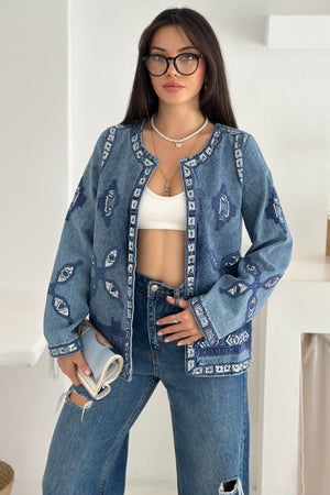 Etnik Desenli Pul Payet Nakışlı Denim Kot Ceket Vintage Bohem Tarz - Mavi