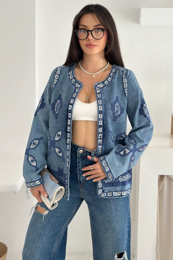Etnik Desenli Pul Payet Nakışlı Denim Kot Ceket Vintage Bohem Tarz - Mavi