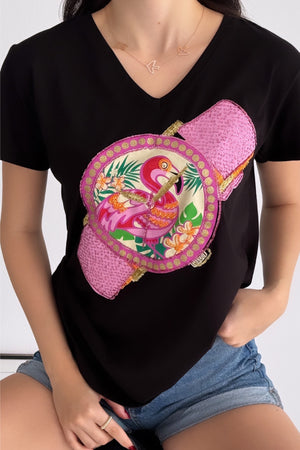 Kadın V Yaka Flamingo Saat Pul Payet İşlemeli %100 Pamuk Tişört - Siyah
