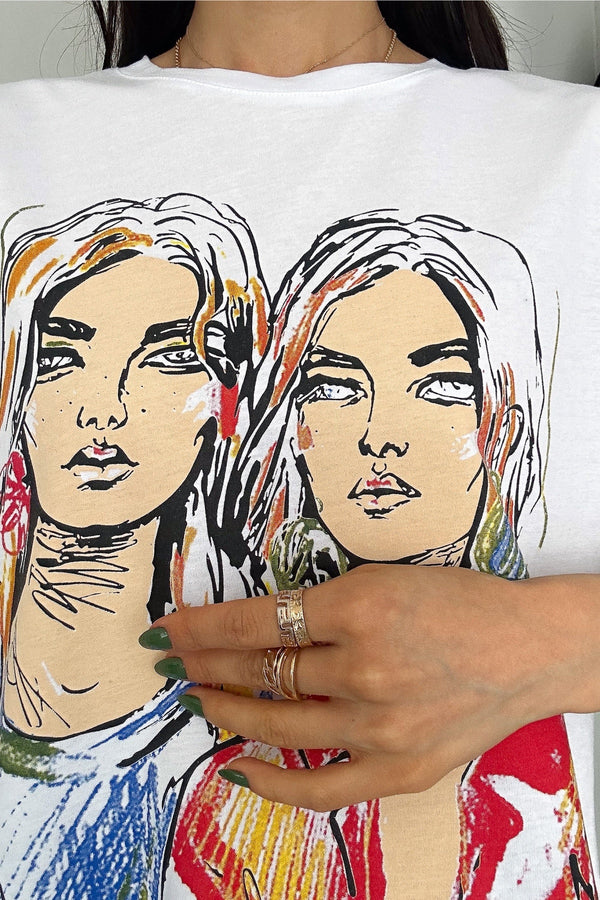 Kadın Yeni Sezon Bisiklet Yaka Baskılı Pamuk Tişört - Beyaz