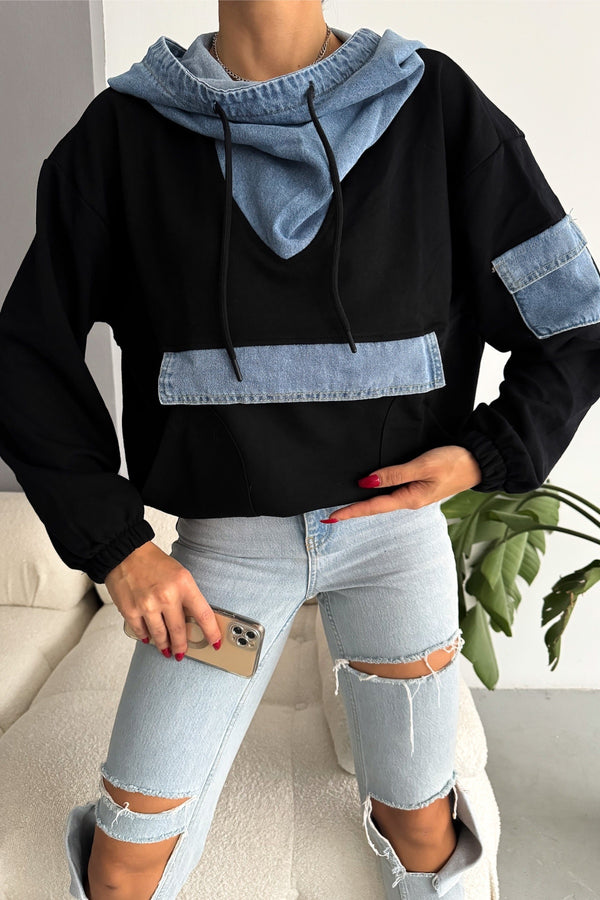 Kot Garnili Kapüşonlu Tasarım Sweatshirt - Siyah