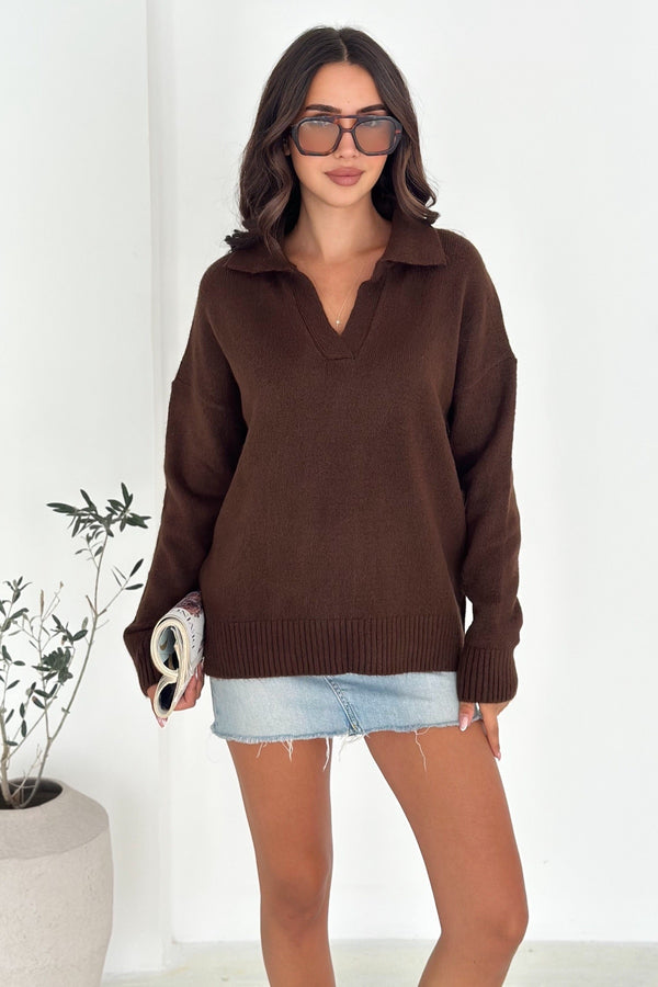 Kadın Polo Yaka Oversize Triko Kazak - Standart Beden Yumuşak Dokulu - Kahverengi