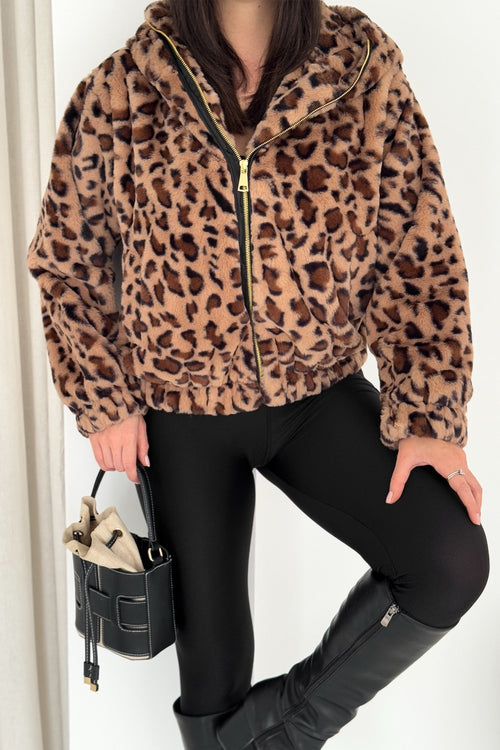 Leopar Fermuarlı Kapüşonlu İçi Astarlı Peluş Kürk Mont - Çok Renkli