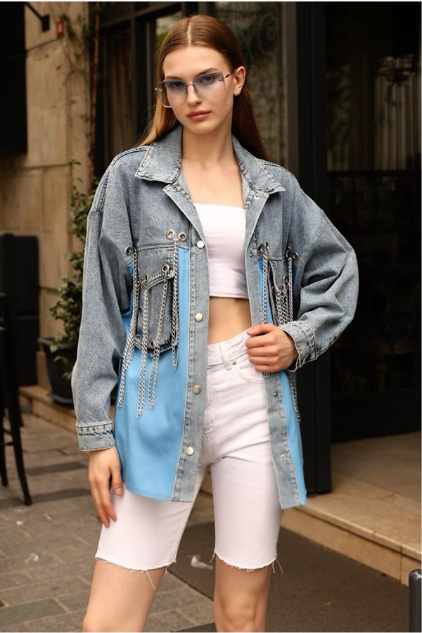 Kadın Çıtçıt Düğmeli Çift Cepli Zincir Kuşgözü Detaylı Oversize Denim Ceket - Mavi
