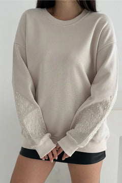 Kolları Boncuk Ve Taş İşlemeli %100 Pamuk Sweatshirt - Bej