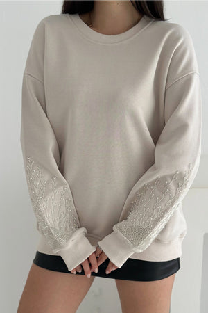 Kolları Boncuk Ve Taş İşlemeli %100 Pamuk Sweatshirt - Bej