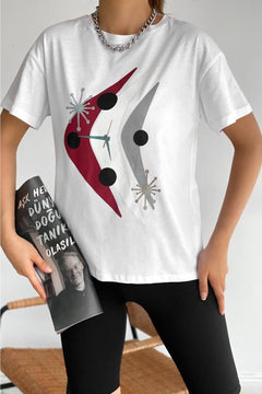 Kadın Bisiklet Yaka Baskılı Yeni Sezon T-shirt - Beyaz