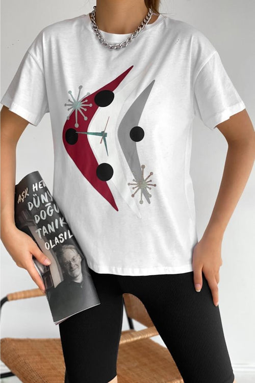 Kadın Bisiklet Yaka Baskılı Yeni Sezon T-shirt - Beyaz