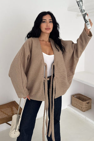 Bürümcük Bağlamalı Oversize Hırka Yarasa Kol Standart Beden - Vizon