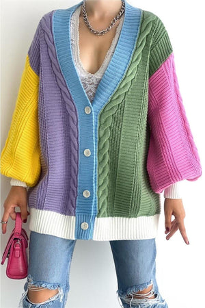 Kadın Oversize Triko Hırka Çok Renkli Salaş Blok Desenli - Sarı