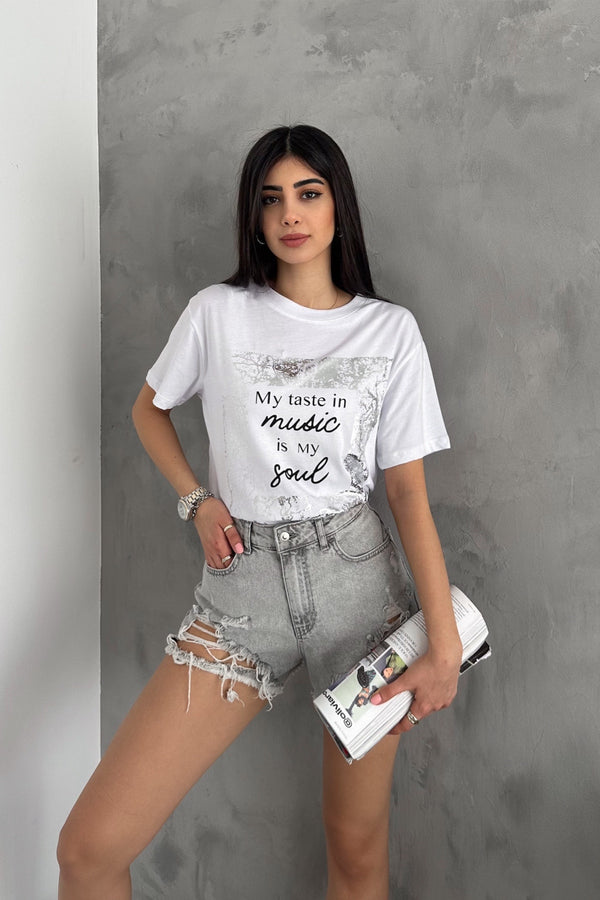 Kadın Gümüş Varaklı Pamuk Tişört - Beyaz
