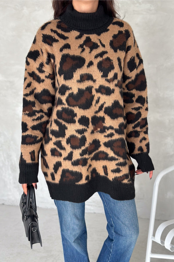 Kadın Desen Standart Beden Oversize Boğazlı Triko Kazak - Leopar