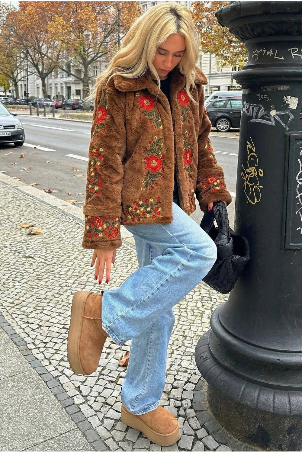 Nakışlı Vintage Suni Kürk Ceket - Kahverengi