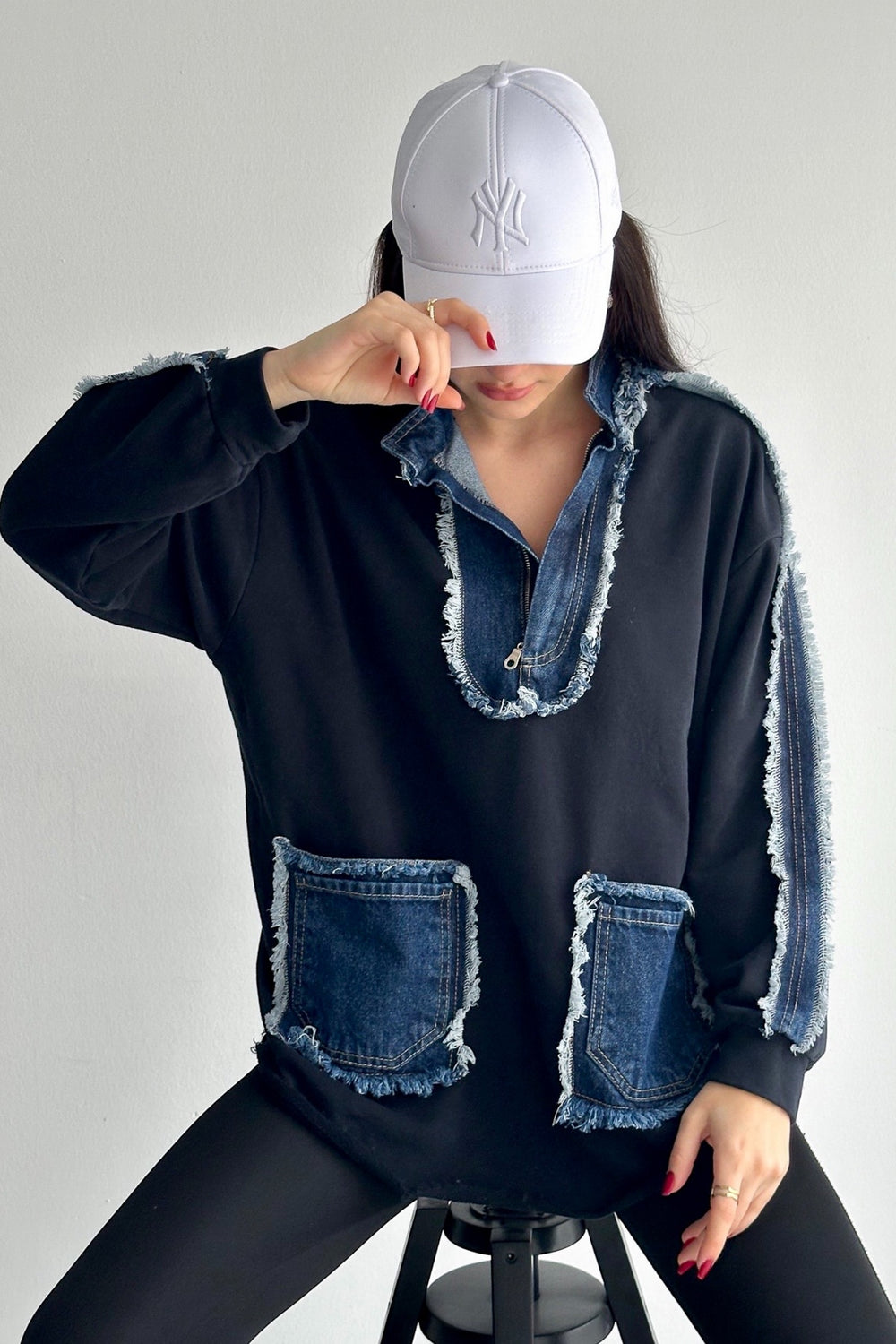 Kadın Fermuarlı Cepli Kot Denim Detaylı Sweatshirt - Lacivert