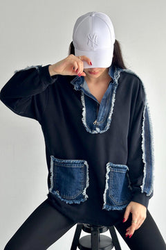 Kadın Fermuarlı Cepli Kot Denim Detaylı Sweatshirt - Lacivert