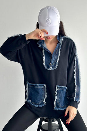 Kadın Fermuarlı Cepli Kot Denim Detaylı Sweatshirt - Lacivert