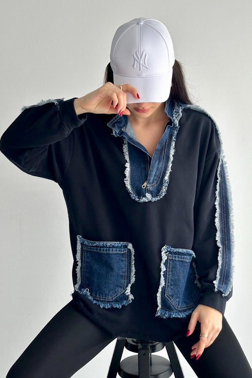 Kadın Fermuarlı Cepli Kot Denim Detaylı Sweatshirt - Lacivert