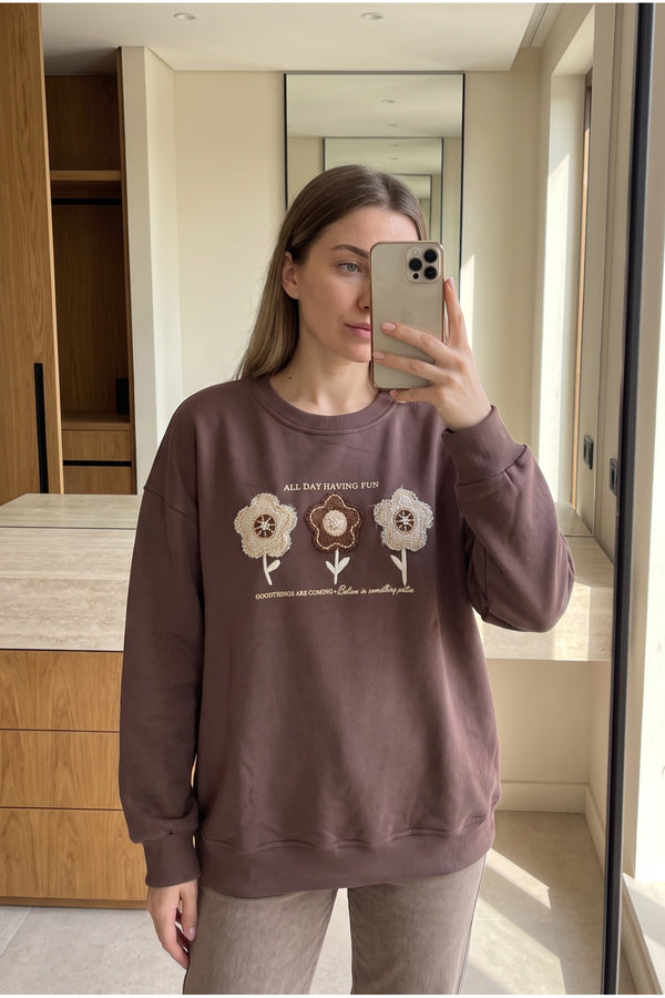 %100 Pamuk Boncuk İşlemeli Sweatshirt - Kahverengi