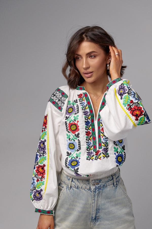 Kadın Kanaviçe Nakış İşlemeli Vintage Pamuklu Bluz - Ekru