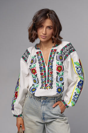 Kadın Kanaviçe Nakış İşlemeli Vintage Pamuklu Bluz - Ekru