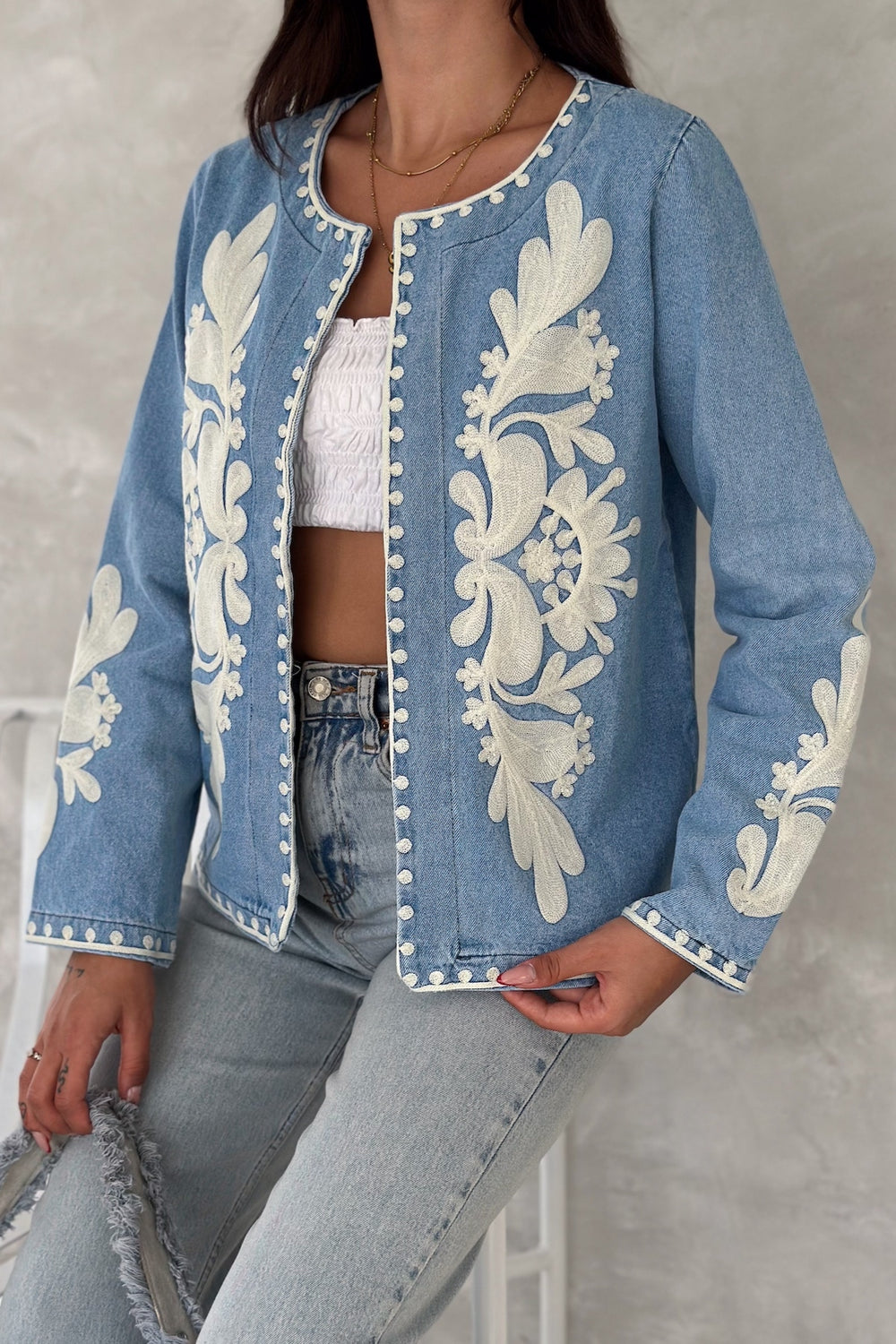 Kadın Mavi Vintage Nakışlı Kot Denim Ceket - Lacivert