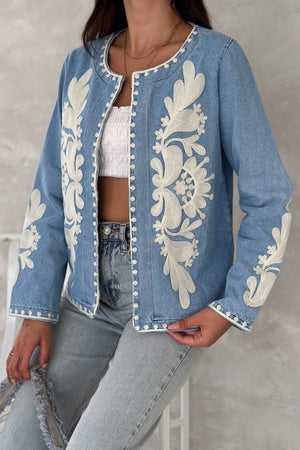 Kadın Mavi Vintage Nakışlı Kot Denim Ceket - Lacivert