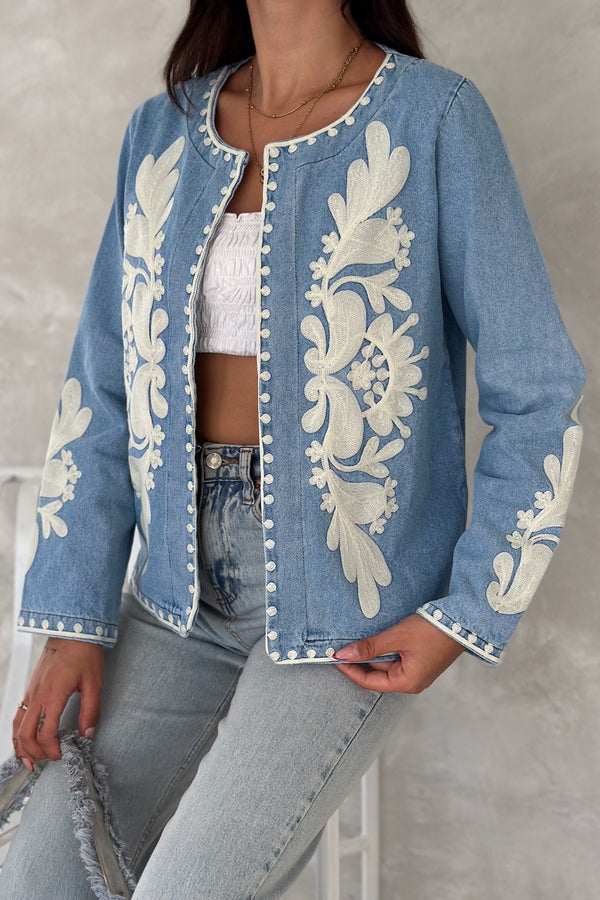 Kadın Mavi Vintage Nakışlı Kot Denim Ceket - Lacivert