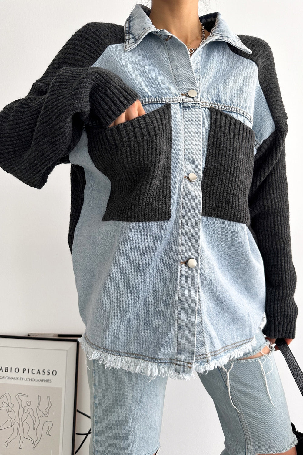 Kadın Kolları Ve Cebi Trikolu Oversize Denim Kot Garnili Hırka - Antrasit
