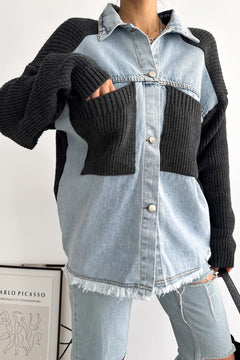Kadın Kolları Ve Cebi Trikolu Oversize Denim Kot Garnili Hırka - Antrasit