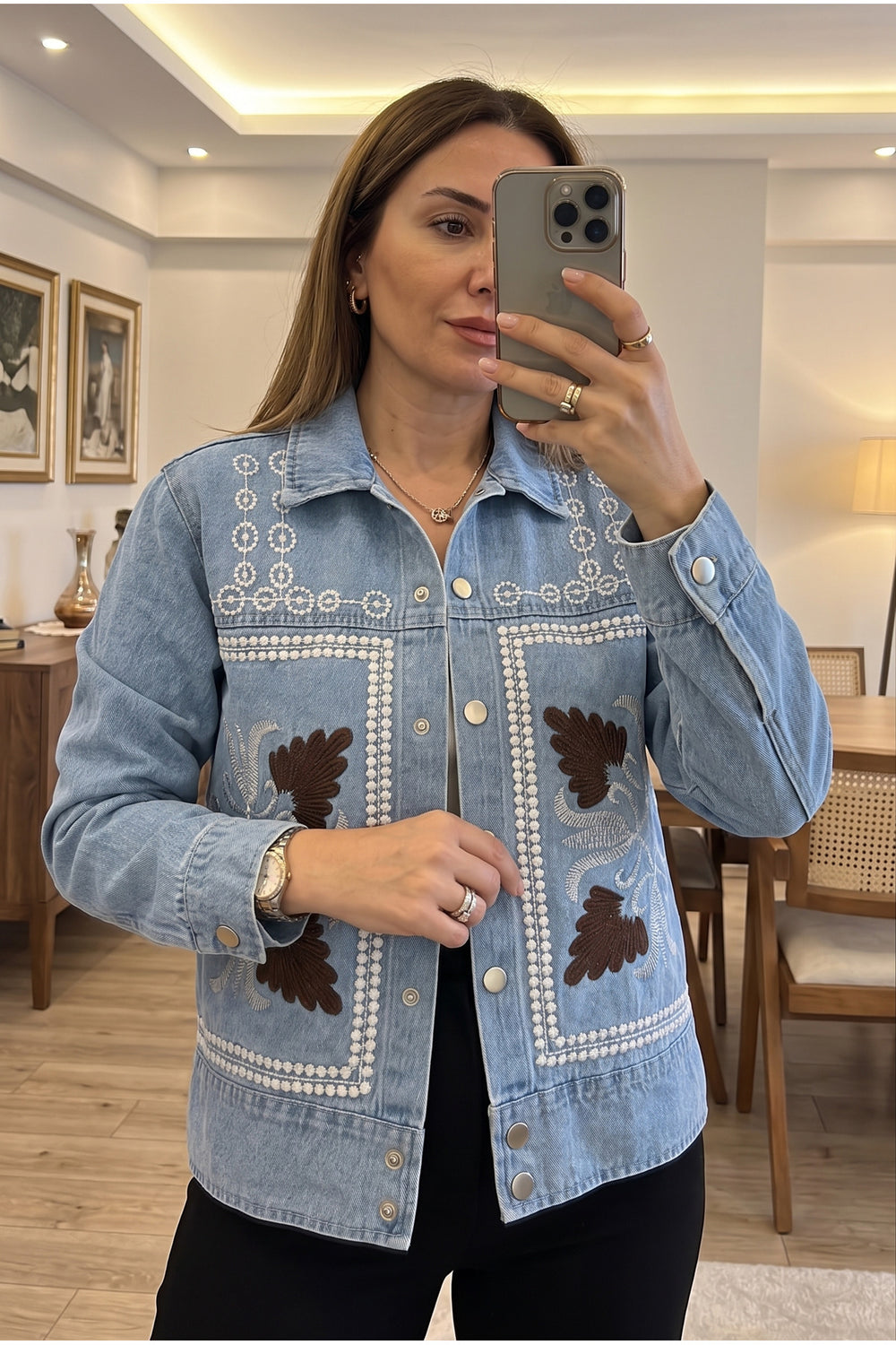 Kadın Nakışlı Kot Ceket Çıtçıt Düğmeli - Mavi