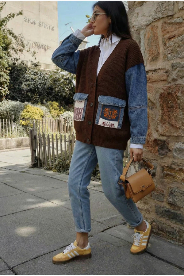 Kadın Kot Cepli Kilim Desen Kolları Kot Oversize Düğmeli %100 Pamuk Triko Hırka - Kahverengi