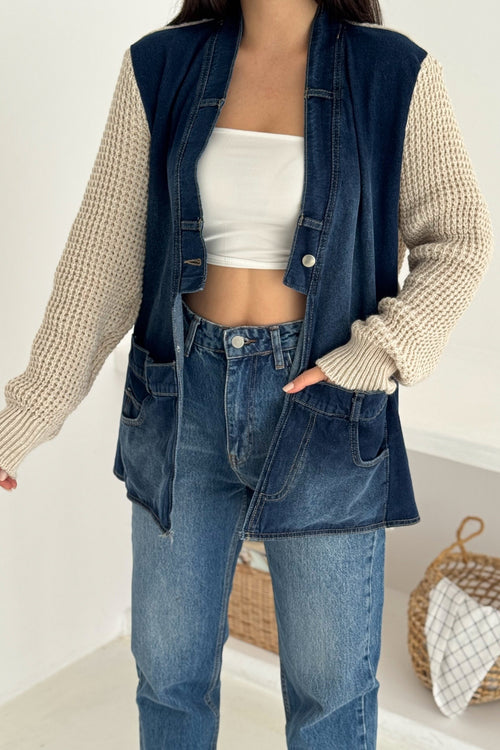 Kolları Ve Sırtı Triko Kot Denim Oversize Hırka Cepli Standart Beden - Bej