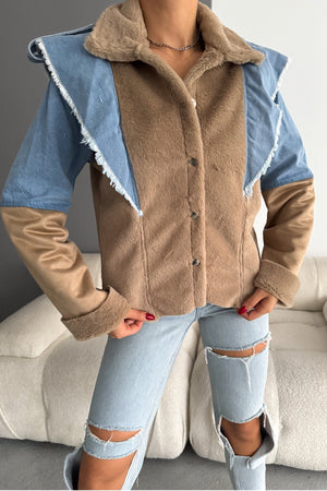 Kadın İçi Süet Denim Kot Detaylı Çıtçıt Düğmeli Mont - Bej
