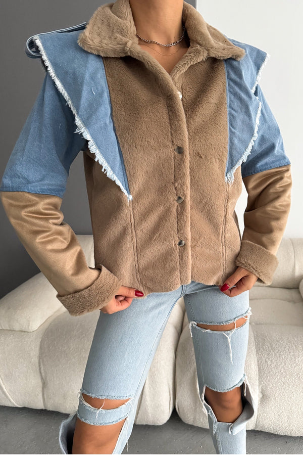 Kadın İçi Süet Denim Kot Detaylı Çıtçıt Düğmeli Mont - Bej