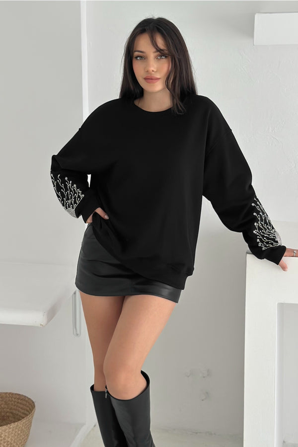 Kolları Boncuk Ve Taş İşlemeli %100 Pamuk Sweatshirt - Siyah