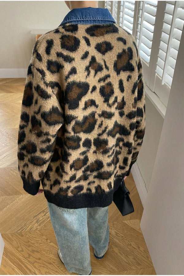 Kadın Leopar Desen Kot Detaylı Oversize Triko Hırka - Kahverengi