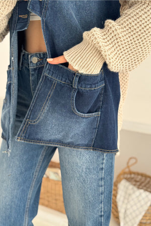 Kolları Ve Sırtı Triko Kot Denim Oversize Hırka Cepli Standart Beden - Bej