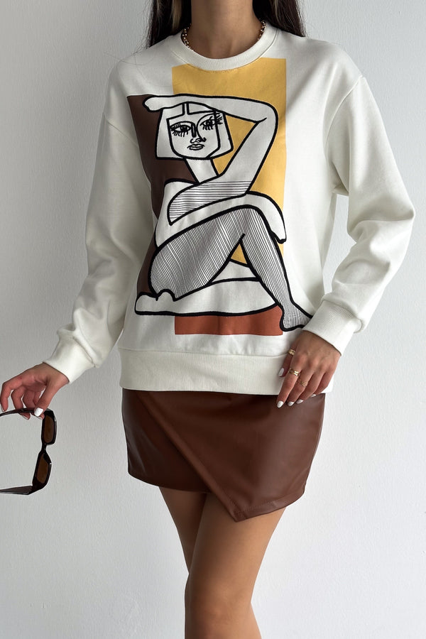 Nakış İşlemeli - İçi Pamuklu Sweatshirt - Ekru