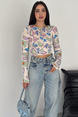 Kadın Desenli Crop Bluz - Krem