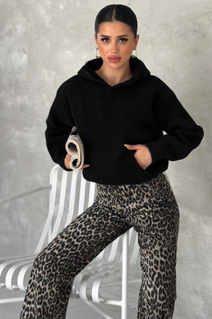 Kadın Standart Beden Kapüşonlu Peluş Triko Sweatshirt - Siyah
